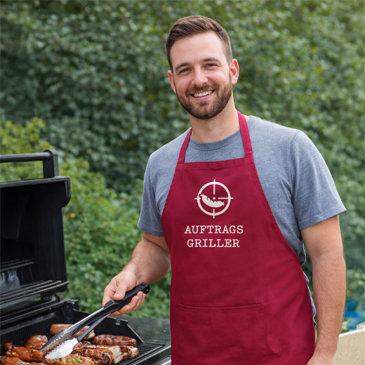 Grillschürze mit Kunstleder-Nackenband – Wunschtext bestickt