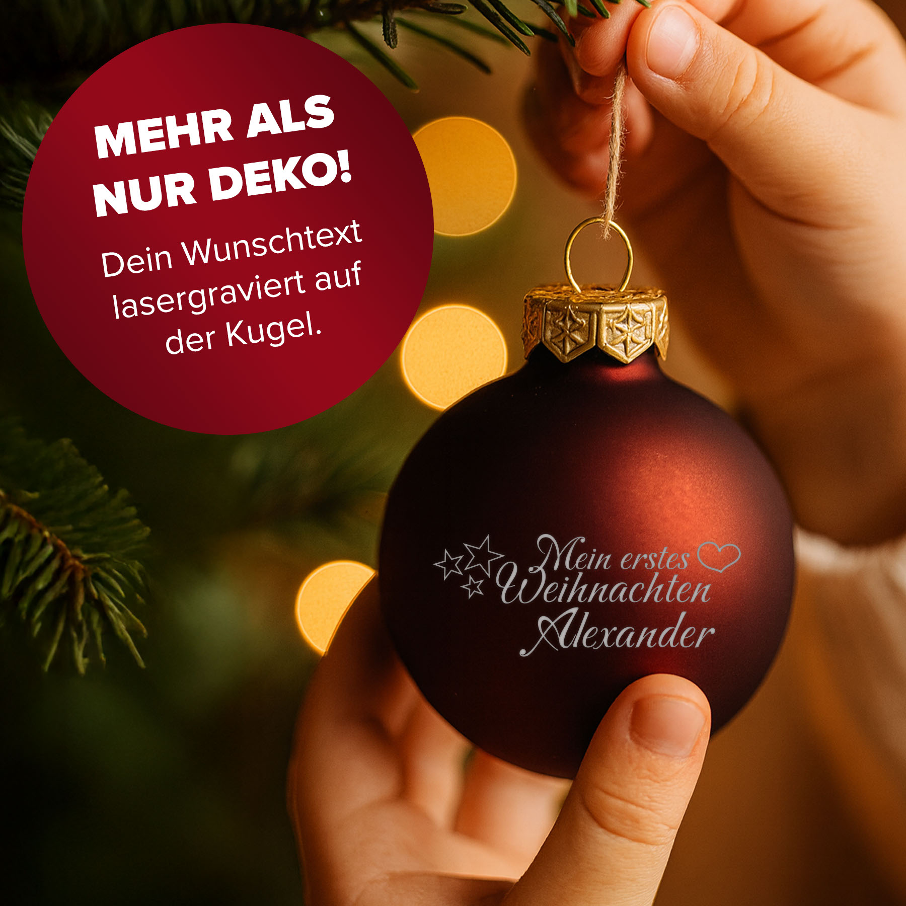 Weihnachtsbaumkugeln in verschiedenen Farben mit Gravur